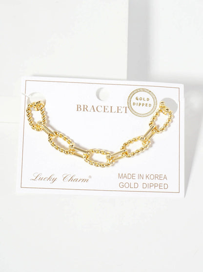 18K-Gold-Dipped Rope-Texture Polished Brass 16-11mm Chain Bracelet: Rhodium