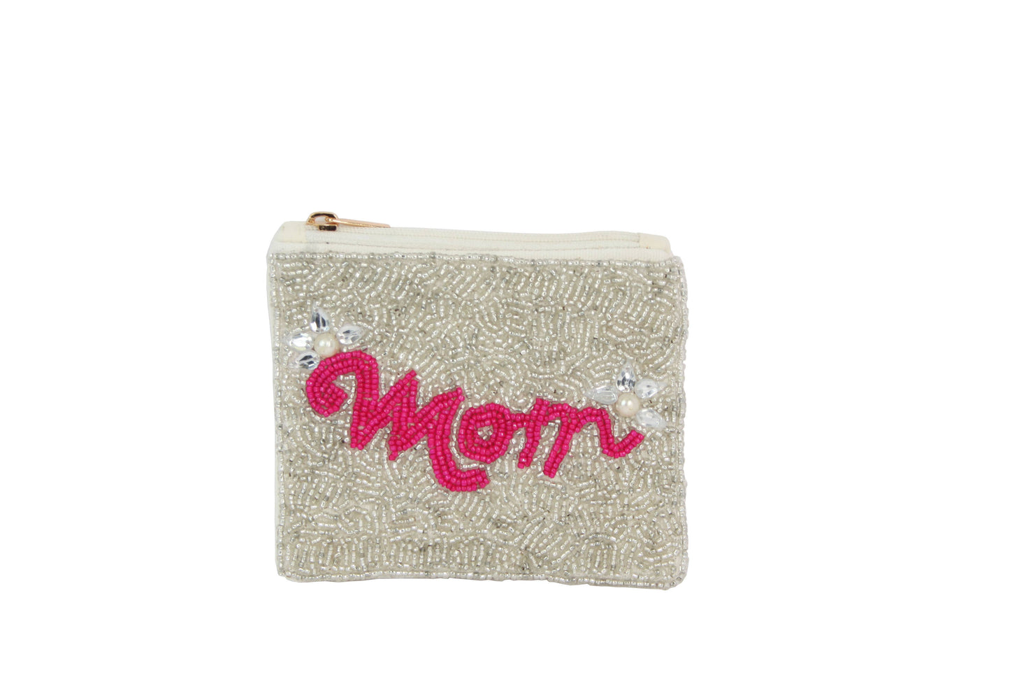 Ladies White Fully Beaded MOM Fashion Coin Purse