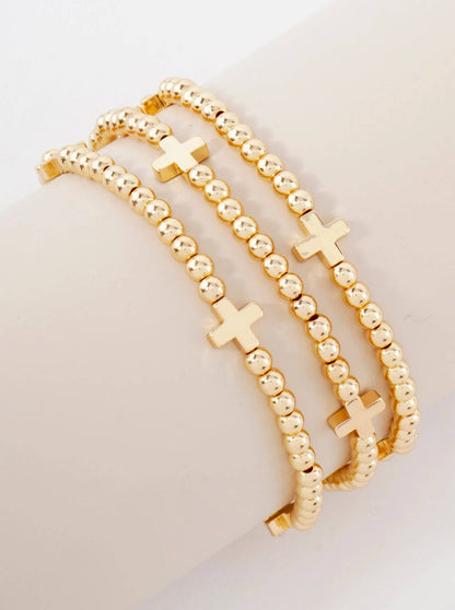 3PC-Set Metallic Beads Cross Stackable Stretch Bracelets: Gold Rhodium