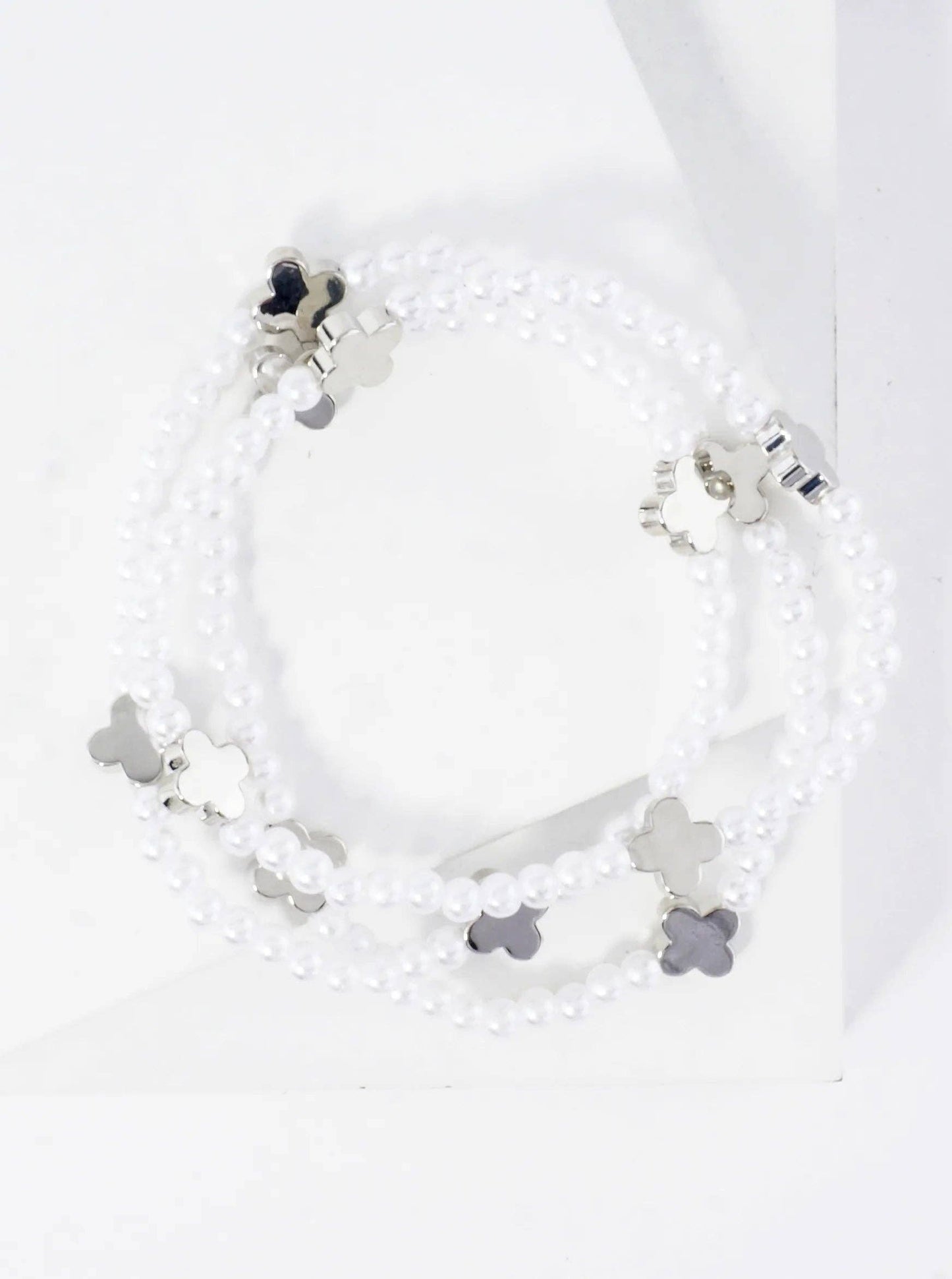 3PC-Set Metallic Beads Quatrefoil Stackable Stretch Bracelets: Rhodium