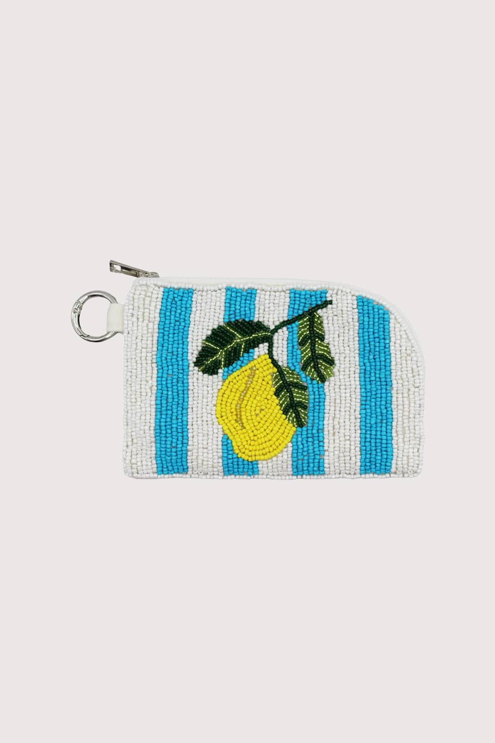 Lemon Aqua & White Stripes Beaded Keyring Pouch