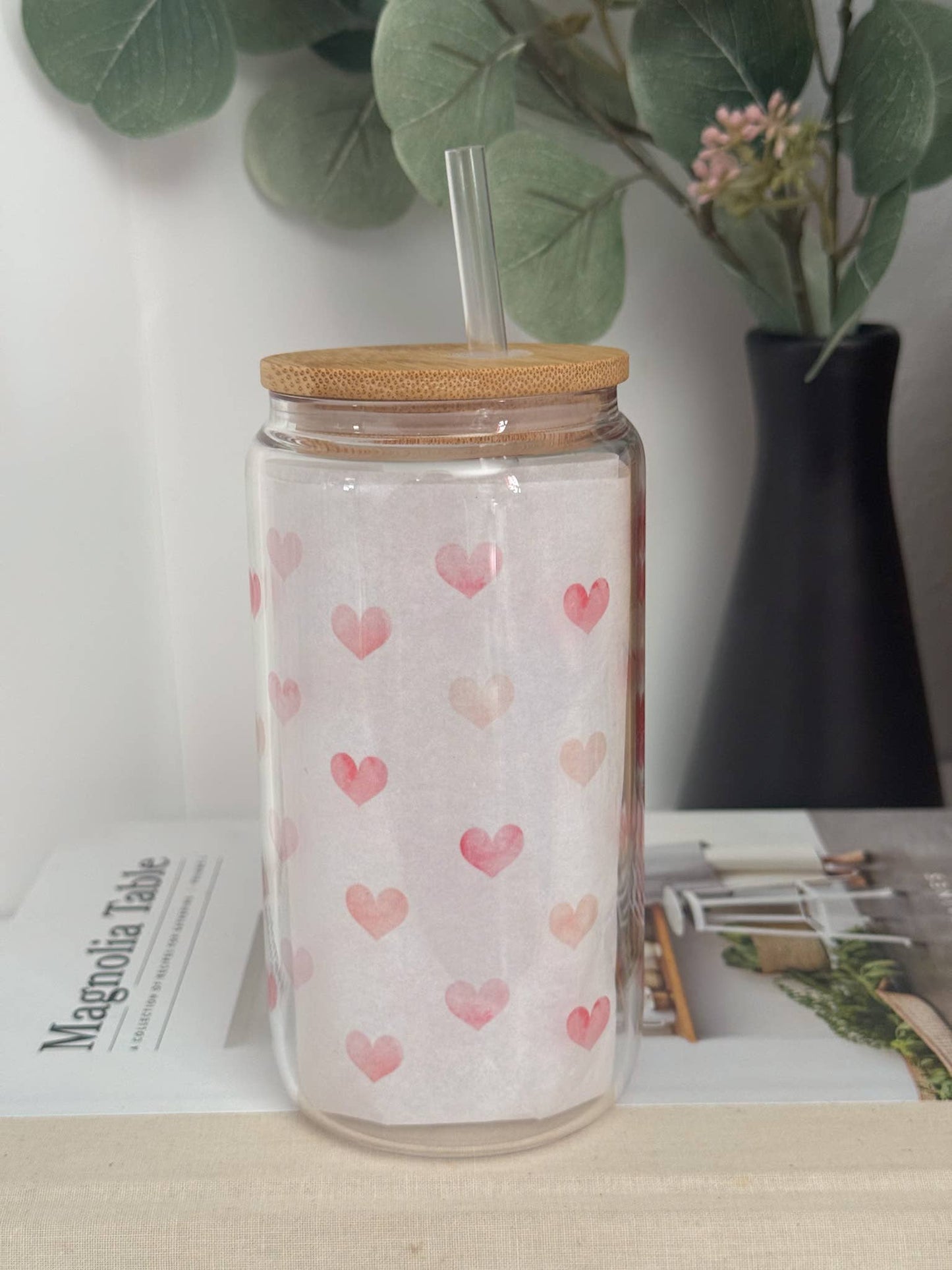 Pink Watercolor Hearts 16oz Glass Cup with Bamboo Lid: Clear