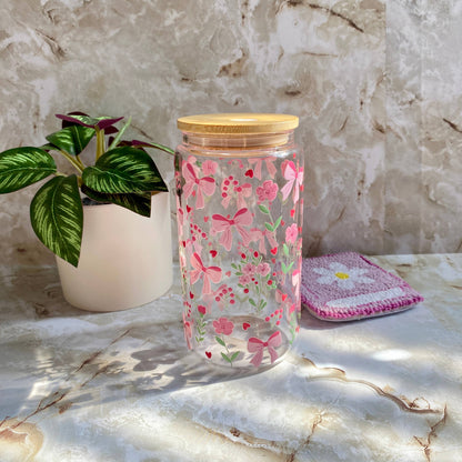 Pink Flowers Bow Mug Iced Coffee Glass Cup Lid and Straw