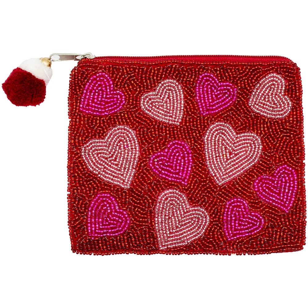 Pink Multi Heart Beaded Coin Pouch