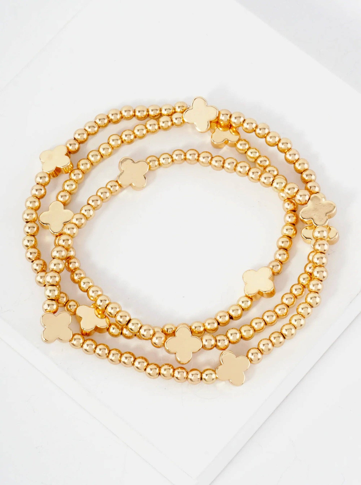 3PC-Set Metallic Beads Quatrefoil Stackable Stretch Bracelets: Rhodium