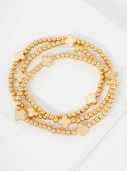 3PC-Set Metallic Beads Quatrefoil Stackable Stretch Bracelets: Rhodium