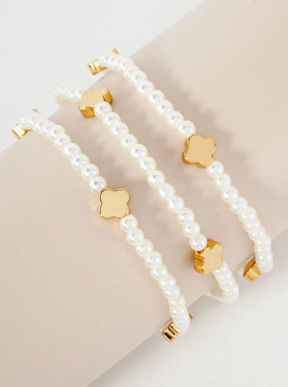 3PC-Set Metallic Beads Quatrefoil Stackable Stretch Bracelets: Rhodium