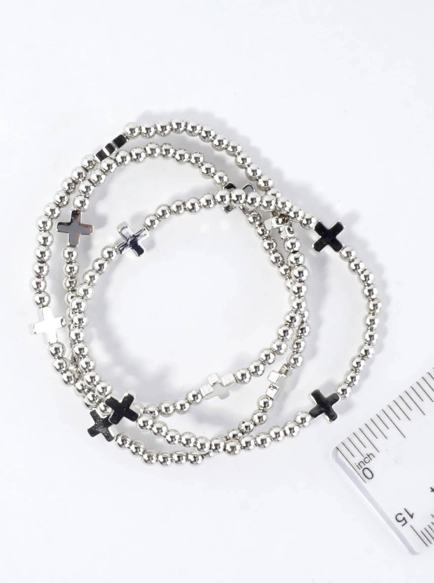 3PC-Set Metallic Beads Cross Stackable Stretch Bracelets: Gold Rhodium