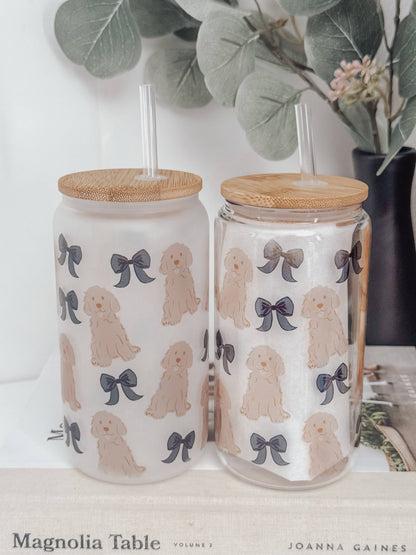 Dogs and Bows 16oz Glass Cup with Bamboo Lid: Frosted
