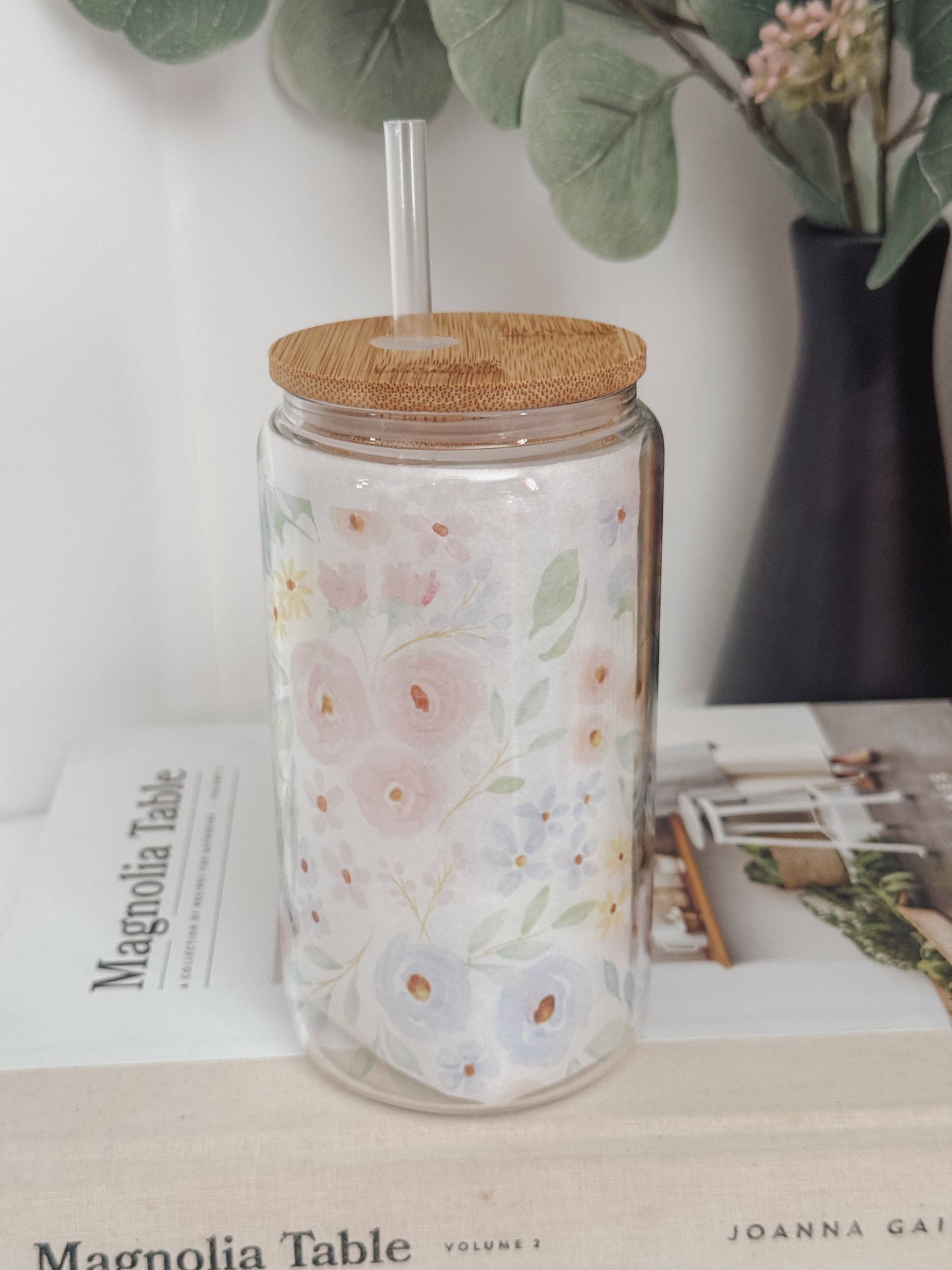 Spring Blooms 16oz Glass Cup with Bamboo Lid: Clear