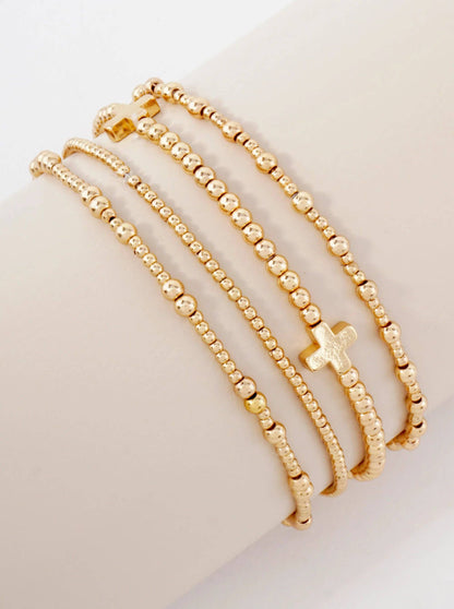 4PC-Set Cross Accents Metallic Beaded Stackable Stretch Bracelet: Gold