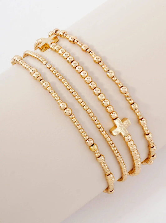 4PC-Set Cross Accents Metallic Beaded Stackable Stretch Bracelet: Gold