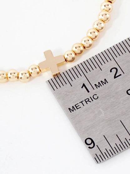 3PC-Set Metallic Beads Cross Stackable Stretch Bracelets: Gold Rhodium