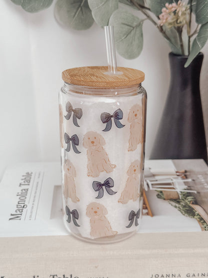 Dogs and Bows 16oz Glass Cup with Bamboo Lid: Frosted